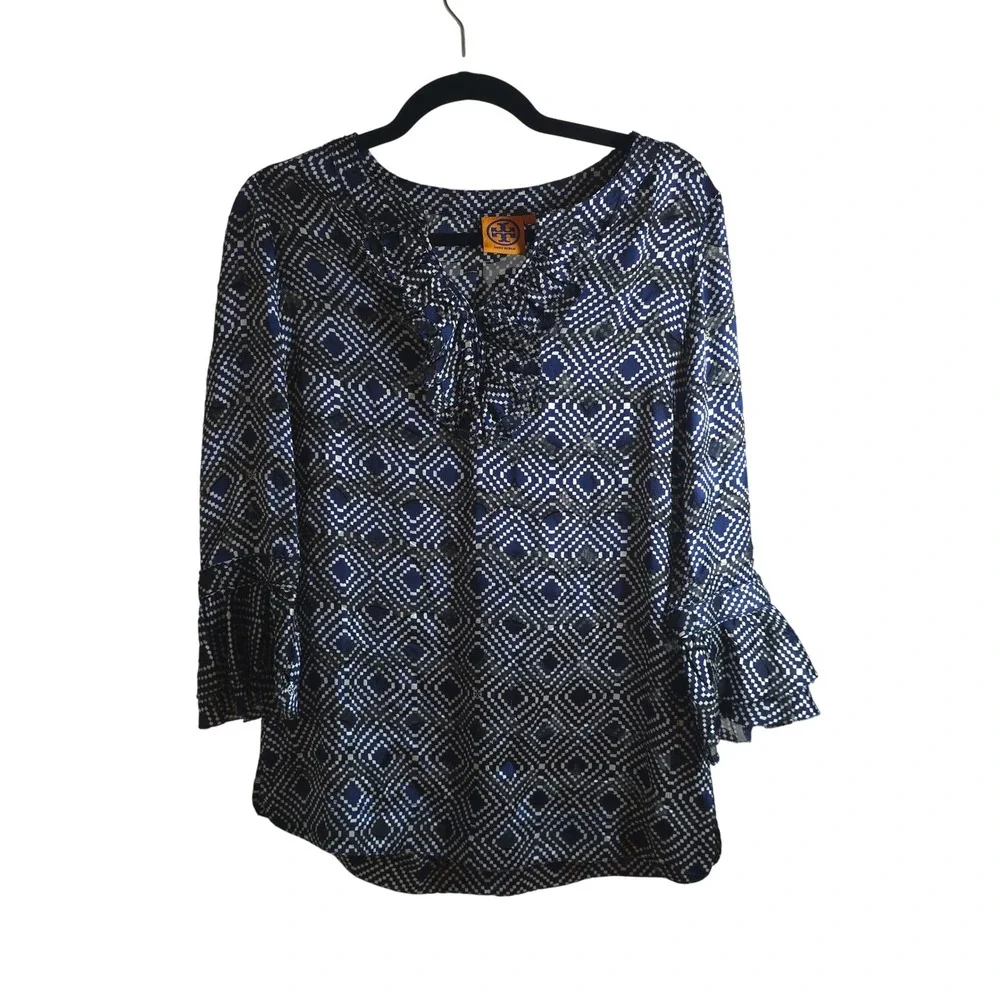 Tory Burch Size 2 Gwenna‎ Normandy Blue Semi-Sheer Silk Blend Tunic Blouse Boho